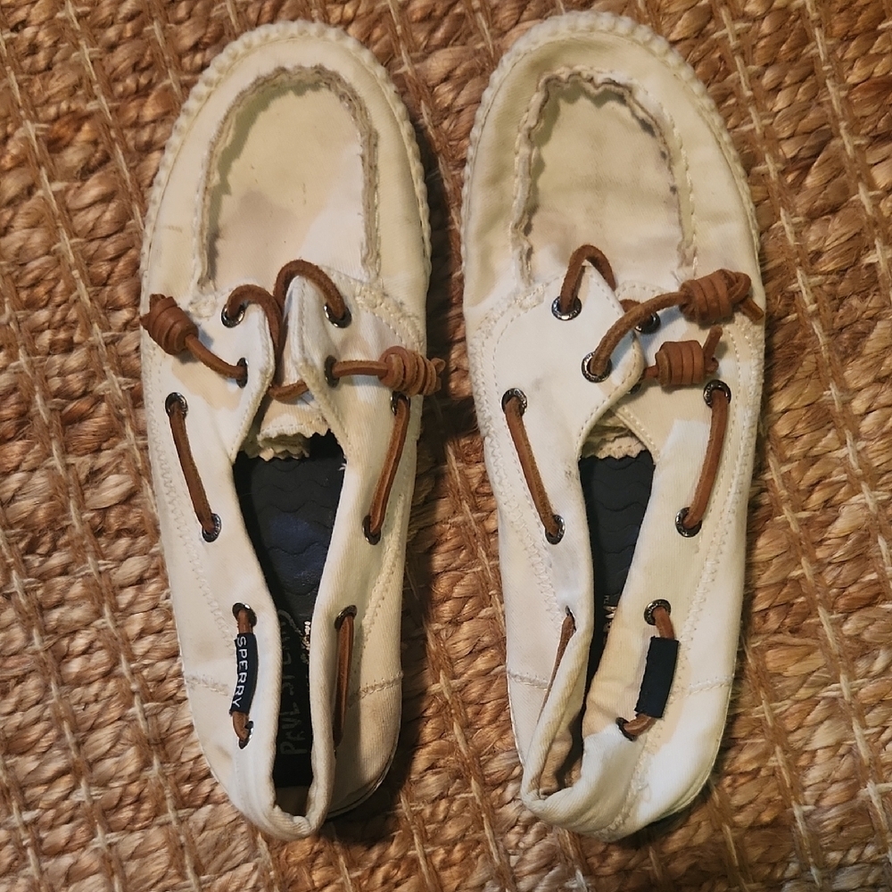 Sperry Women's White and Tan Boat Canvas Sneakers  Sneakers 6.5